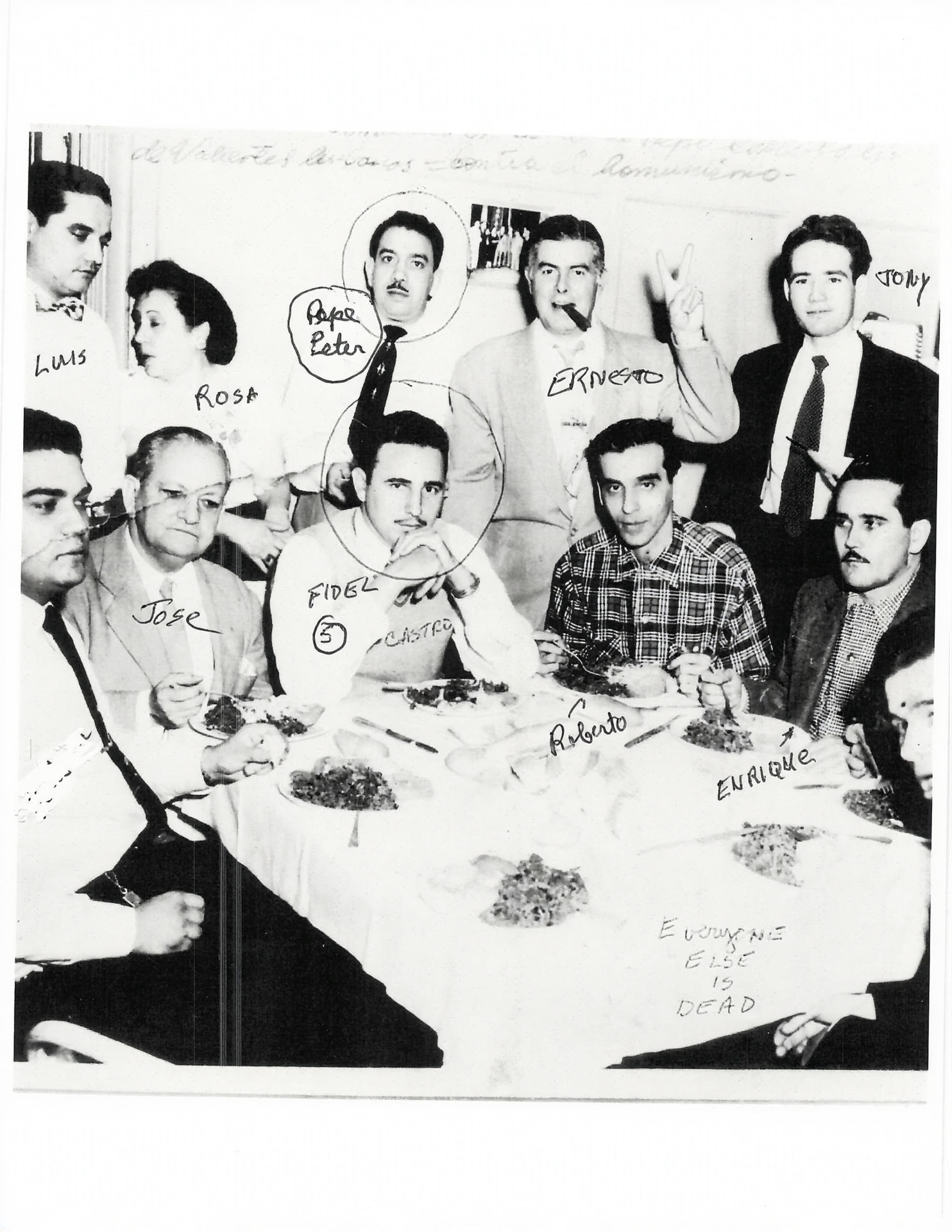 Annotated black-and-white photograph of a dinner table with names written in ink beside each person
