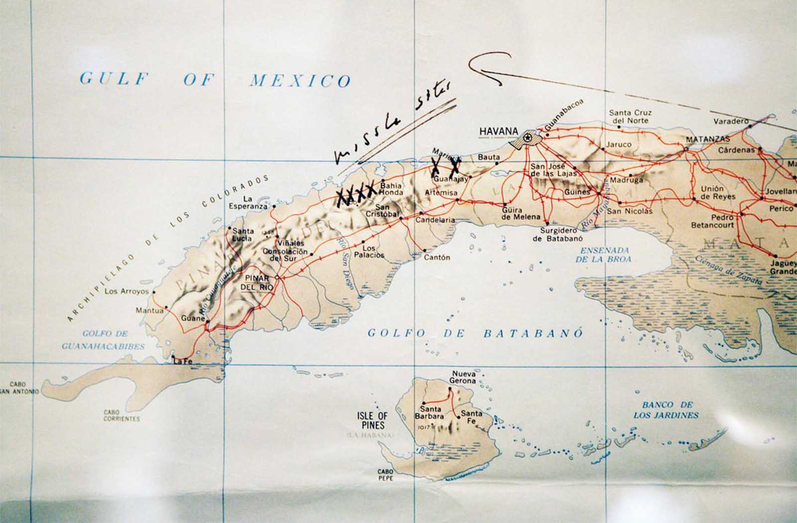 Map of western Cuba with crosses near Bahía Honda and Guanajay and the words “missile sites” written by hand