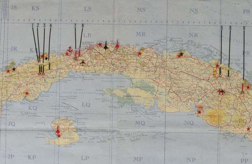 Map of Cuba with numbered pins and red and black symbols marking locations across the island