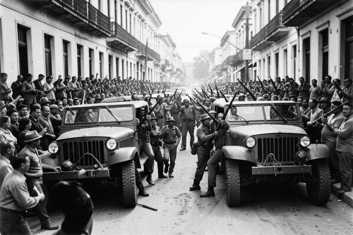 Armed revolutionaries in jeeps on a Havana street surrounded by crowds