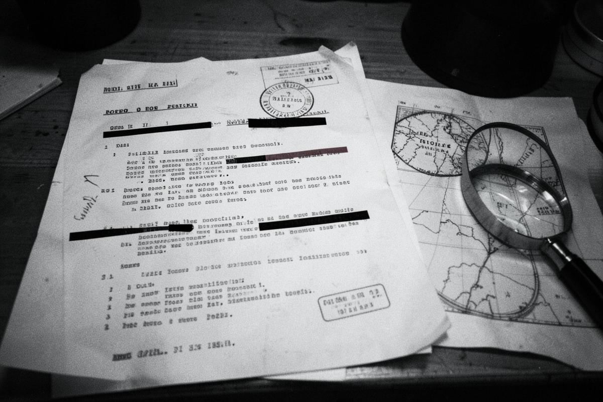 Typewritten intelligence documents with redacted lines beside a map